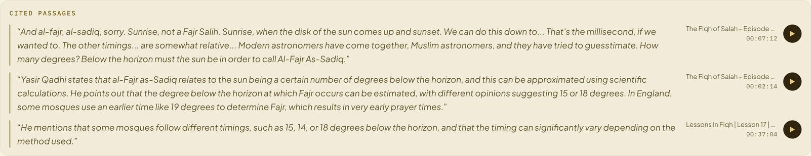 Three passages cited under one Ilminar answer. Each quotes the scholar's own words, names the lecture it came from, and carries its own timecode beside a play button.